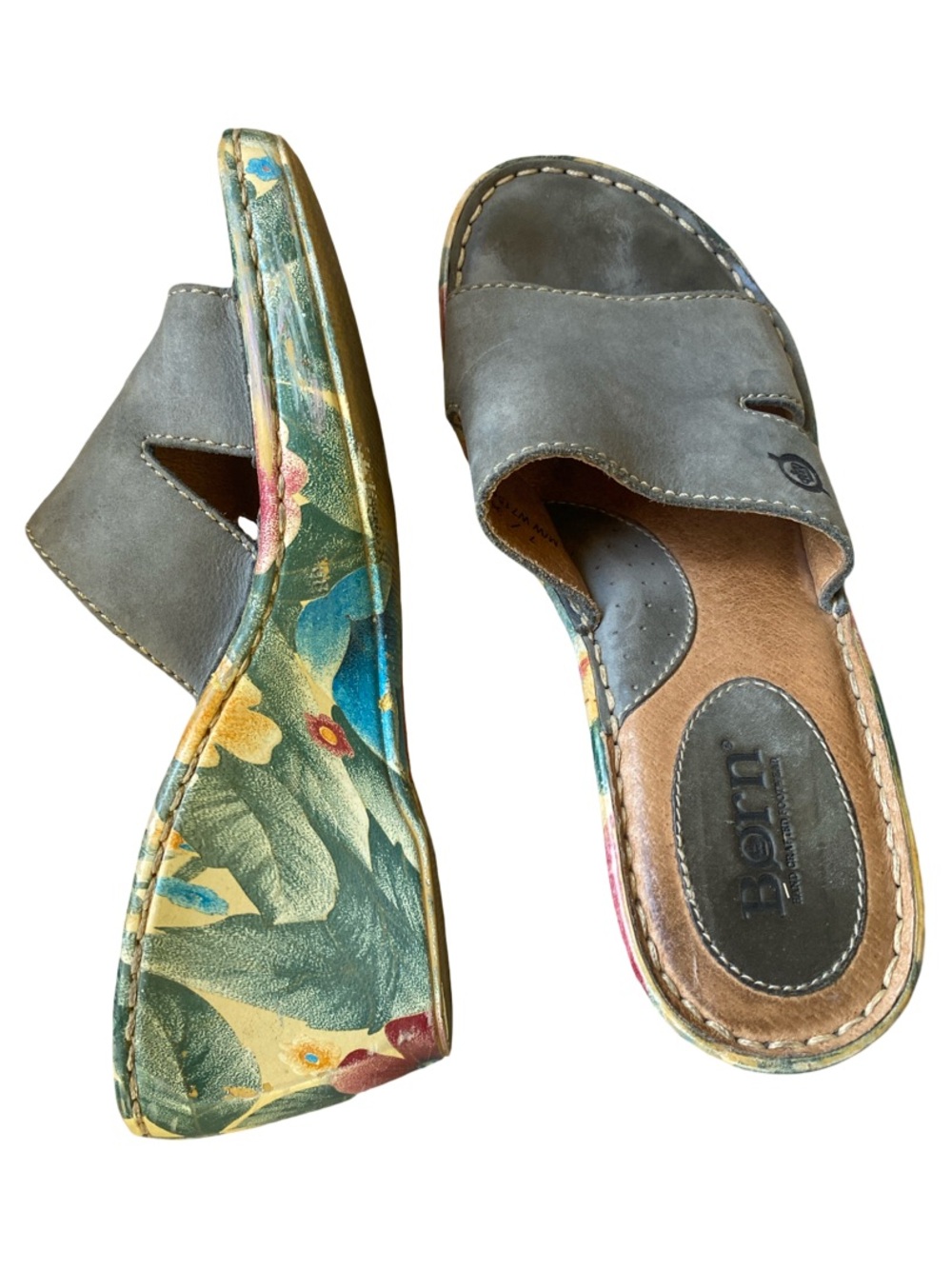 Born Gray Suede Slide Wedges with Multicolor Floral Painted Wedge